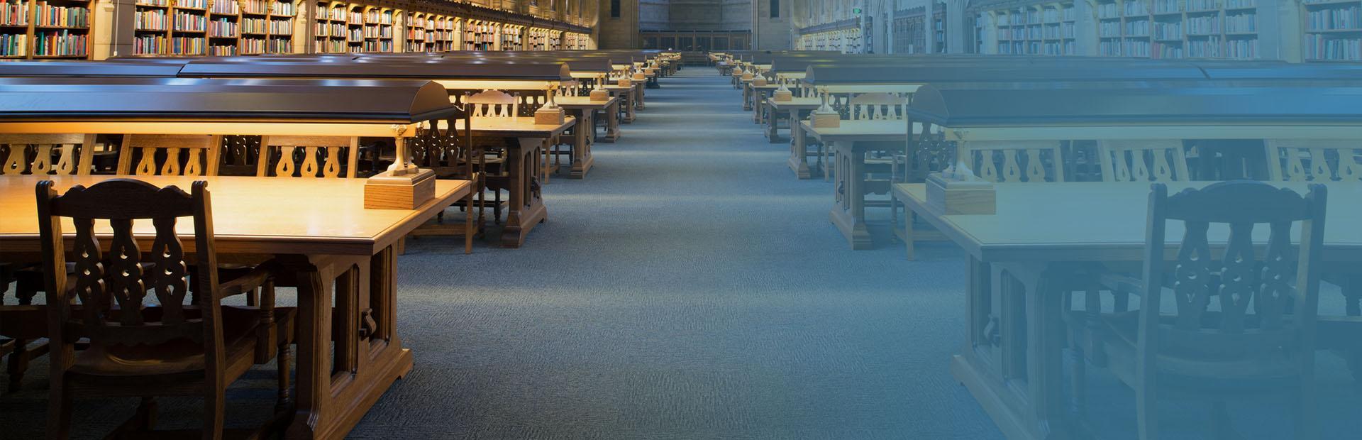 wnętrze biblioteki z niebieską wykładziną